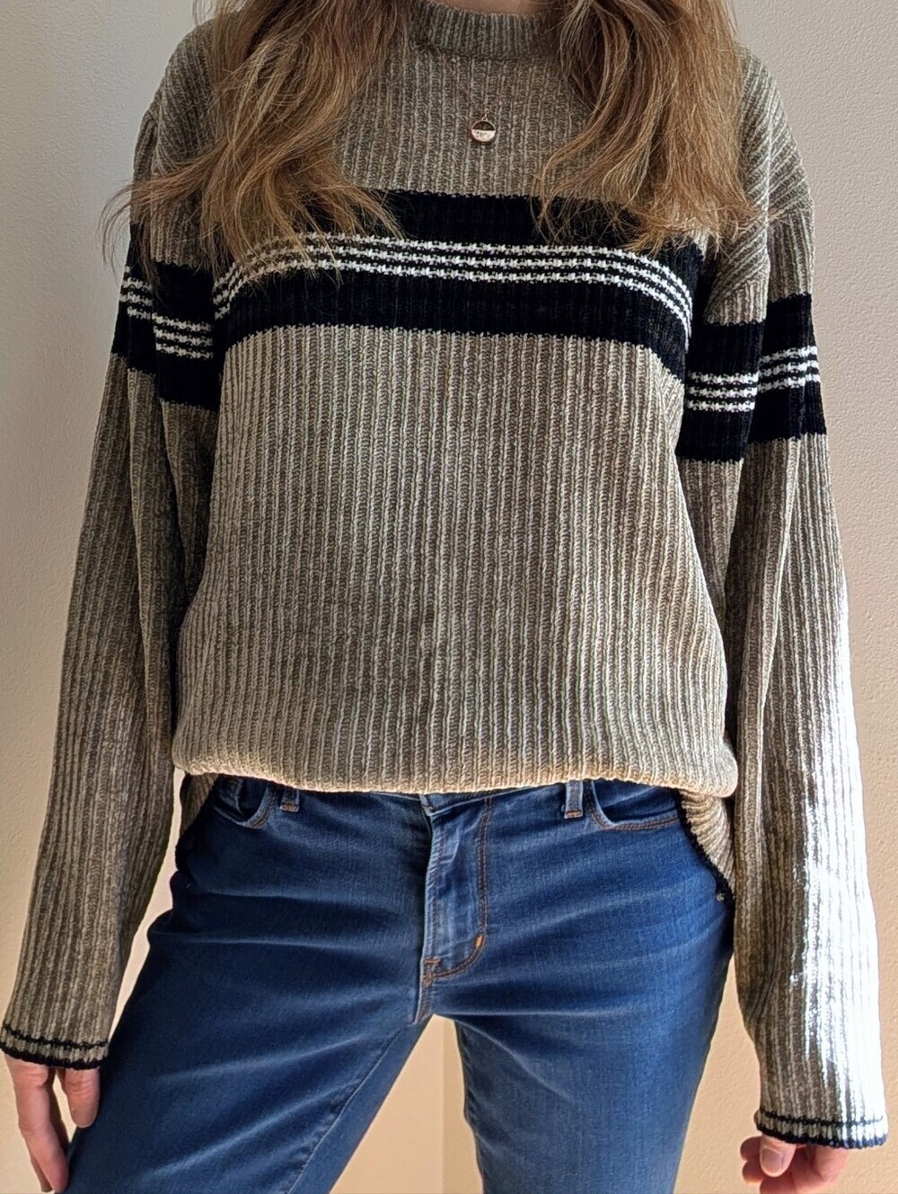 Vintage Chenille Skater Striped Ribbed Sweater In Gray